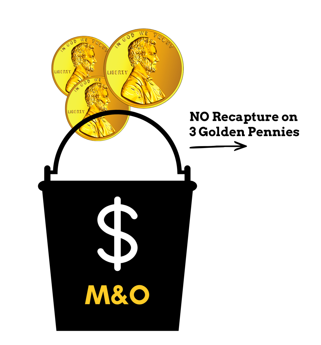 A bucket with a dollar sign labeled M&O. Three pennies above the bucket. No recapture on 3 Golden Pennies